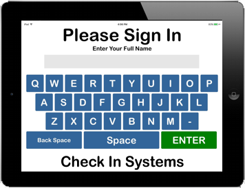Start the process with a simple sign in screen. Using an Apple iPad for a kiosk gives a familiar touch screen for visitors.