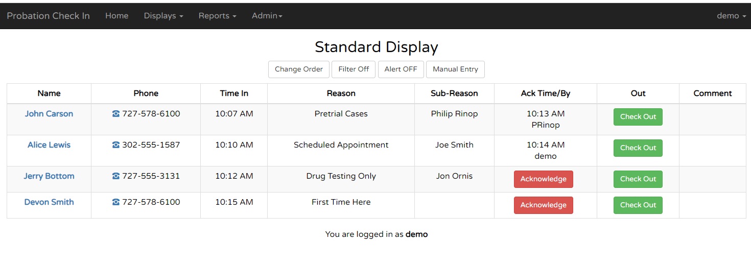 Probation Check In displays visitor sign in information on any or all your desktops